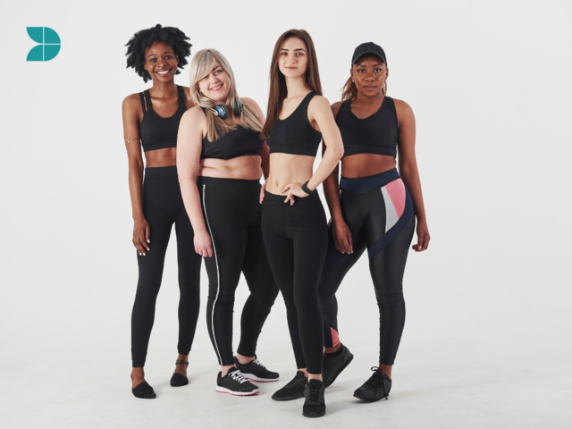 A group of 4 woman with different ethics and body shapes - Inclusivity and body positivity. 