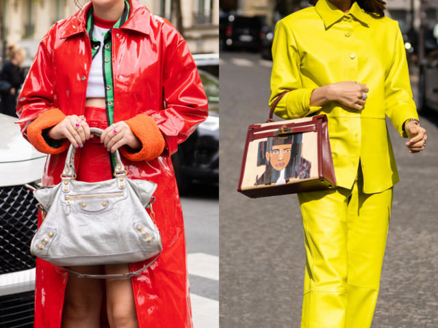 Two women wearing vinyl formal coat with faux fur cuff in red and a silver leather handbag; and a yellow leather long sleeve suit with a brown hand painted handbag. 