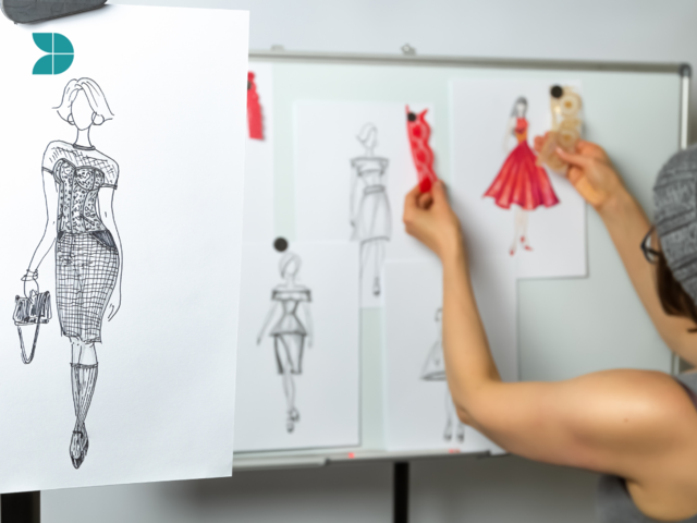 An image of a fashion designer putting sketches in a board, in the front a sketch of a garment design can be seen.